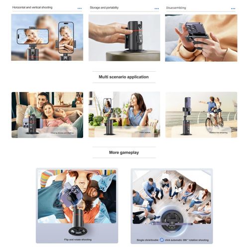 P02 AI Intelligent Tracker 360° Rotating Auto Face Tracking Phone Mount Stand with Fill Light Smart Rotation Desktop Selfie Gimbal Stabilizer for Smartphone Tripod for TikTok Live Streaming & Vlog, Smart Shooting Camera Mount for iPhone,No App Required