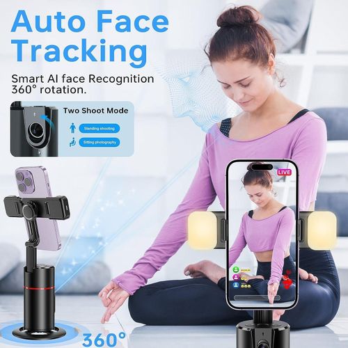 P02 AI Intelligent Tracker 360° Rotating Auto Face Tracking Phone Mount Stand with Fill Light Smart Rotation Desktop Selfie Gimbal Stabilizer for Smartphone Tripod for TikTok Live Streaming & Vlog, Smart Shooting Camera Mount for iPhone,No App Required