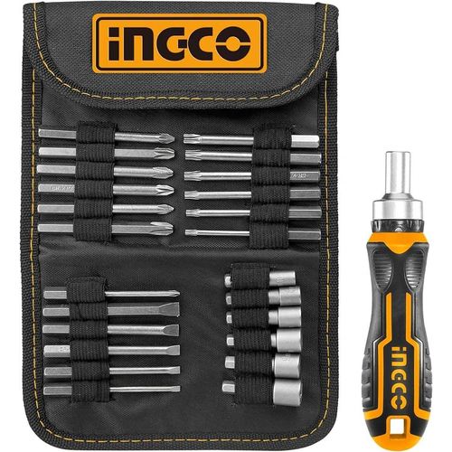 INGCO 26Pcs Screwdriver Bits Set, CR-V, with Pouch, Unique Design Ratchet Holder, 18pcs 65mm Screwdriver Bit- Black