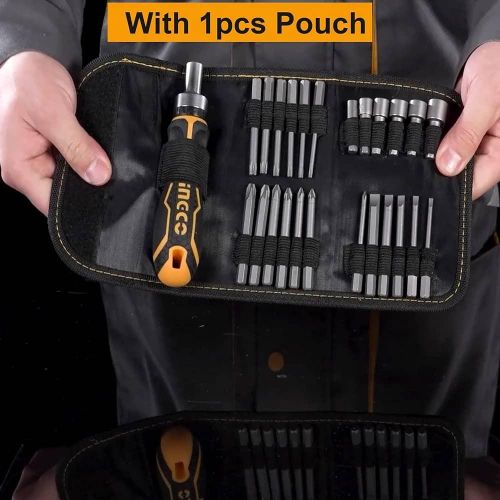 INGCO 26Pcs Screwdriver Bits Set, CR-V, with Pouch, Unique Design Ratchet Holder, 18pcs 65mm Screwdriver Bit- Black