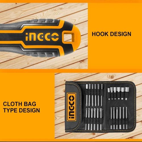 INGCO 26Pcs Screwdriver Bits Set, CR-V, with Pouch, Unique Design Ratchet Holder, 18pcs 65mm Screwdriver Bit- Black