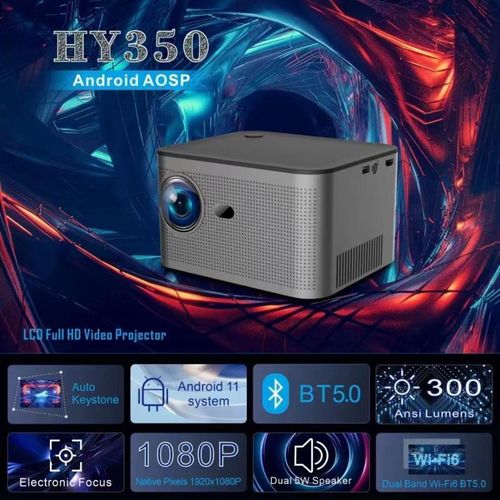 HD Super HY350 H713 BT5.0 HD 1080P Image Movie Video Voice Output Android 11 System 350ANSI FHD Home Theater Video Smarts Projectors Home Cinema- Silver