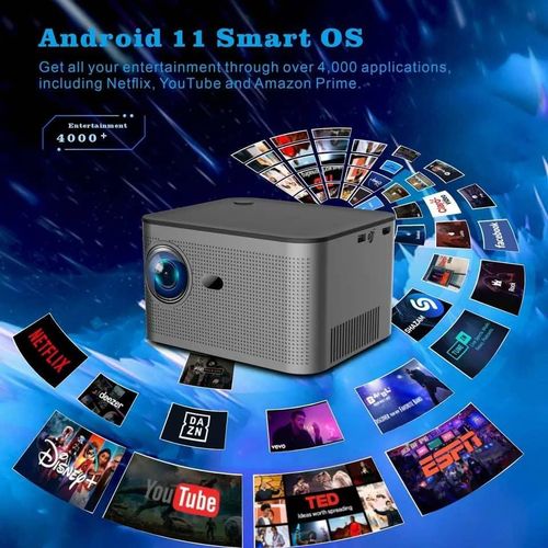 HD Super HY350 H713 BT5.0 HD 1080P Image Movie Video Voice Output Android 11 System 350ANSI FHD Home Theater Video Smarts Projectors Home Cinema- Silver