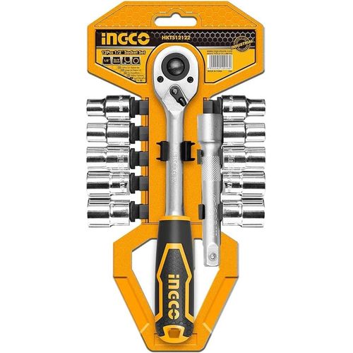 INGCO HKTS12122 12Pcs 1/2" Socket Set, Quick Release Ratchet Wrench Tool Set, CrV Steel Micro Finished and Chromed Plated (1 Set) - Silver