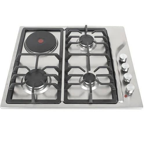Digiwave 3 Gas Burner Cooker+1 Electric Hot Plate Auto Ignition Built In Table Top Cooktop Hob Stove With Stainless Steel Panel Metal Knob Cast Iron Pan- Silver
