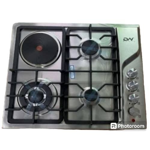 Digiwave 3 Gas Burner Cooker+1 Electric Hot Plate Auto Ignition Built In Table Top Cooktop Hob Stove With Stainless Steel Panel Metal Knob Cast Iron Pan- Silver