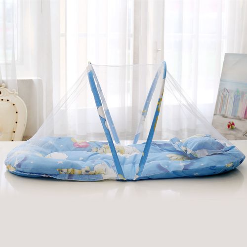 Foldable Baby Bed With Mosquito Net + Pillow Cushion, Portable Baby Travel Bed - Blue