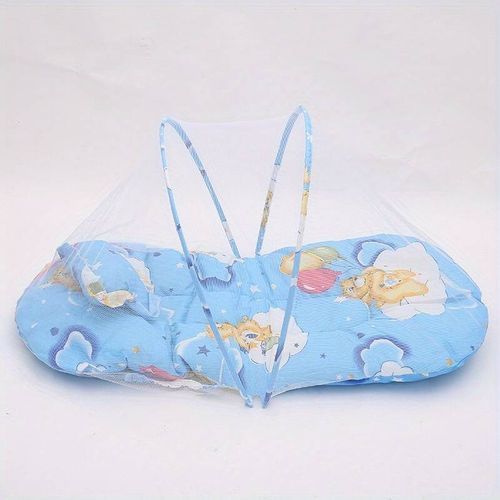 Foldable Baby Bed With Mosquito Net + Pillow Cushion, Portable Baby Travel Bed - Blue