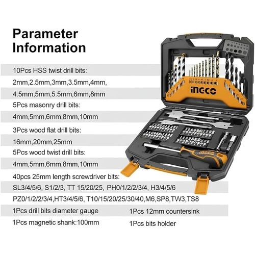 INGCO 67 Pcs Accessories Set Includes Durable Drill Screwdriver, Rachet Handle Portable and Compact Kit Box For Drill, Electronics, Machinery - Multicolour