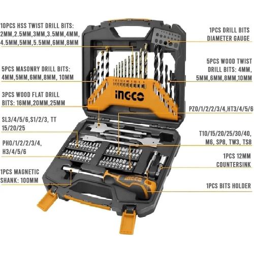 INGCO 67 Pcs Accessories Set Includes Durable Drill Screwdriver, Rachet Handle Portable and Compact Kit Box For Drill, Electronics, Machinery - Multicolour