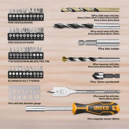 INGCO 67 Pcs Accessories Set Includes Durable Drill Screwdriver, Rachet Handle Portable and Compact Kit Box For Drill, Electronics, Machinery - Multicolour