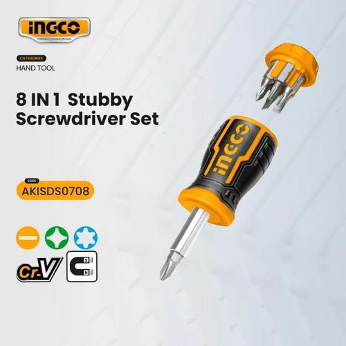 INGCO Akisds1728 8-In-1 Stubby Ratchet Screwdriver Set - Orange