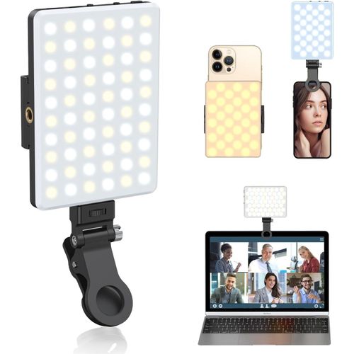 LED Camera Light, Portable Photography Video Lights Selfie Light for iPhone,Warm and Cool 3 Colors 3000-9900K, 72pcs Beads, with Cell Phone Clip, with 1/4 Standard Screw, Rechargeable CRI 80