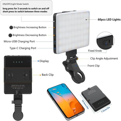 LED Camera Light, Portable Photography Video Lights Selfie Light for iPhone,Warm and Cool 3 Colors 3000-9900K, 72pcs Beads, with Cell Phone Clip, with 1/4 Standard Screw, Rechargeable CRI 80