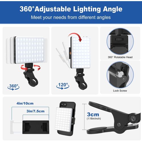 LED Camera Light, Portable Photography Video Lights Selfie Light for iPhone,Warm and Cool 3 Colors 3000-9900K, 72pcs Beads, with Cell Phone Clip, with 1/4 Standard Screw, Rechargeable CRI 80