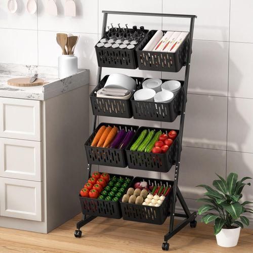 4-Tier Kitchen Fruit Vegetable Snack Cart with Wheels ,Stackable Mesh Storage Basket,Pantry Organizer Rack with Detachable Basket (Black)