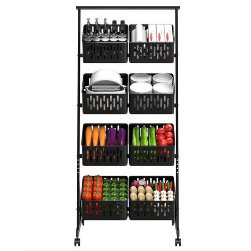 4-Tier Kitchen Fruit Vegetable Snack Cart with Wheels ,Stackable Mesh Storage Basket,Pantry Organizer Rack with Detachable Basket (Black)