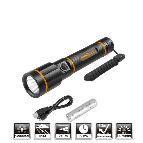INGCO Aviation Grade ALU Alloy Flashlight 18650 BATT.450 LUMENS HCFL1865051 - Black
