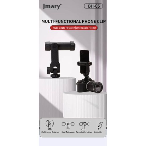 Phone Tripod Mount BH-05 Attachment Camera SLR Simultaneous Shooting Smartphone Mount Adapter with Double Cold Shoe, 360° Rotates and Adjustable Cell Phone Clip Clamp Holder, Extension Mobile Holder Tripod Selfie Stick, Compatible With All Phones -Black