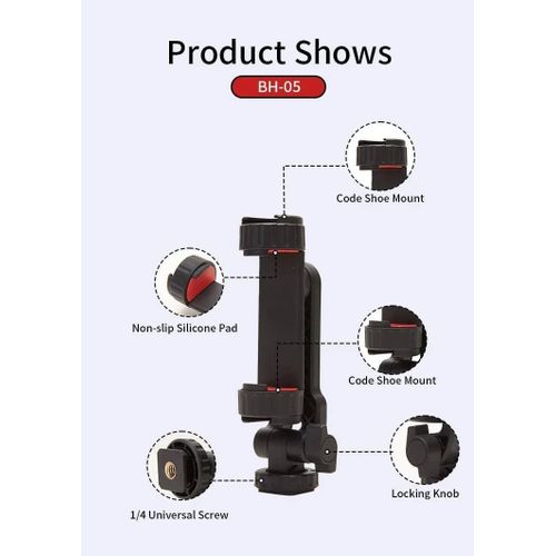 Phone Tripod Mount BH-05 Attachment Camera SLR Simultaneous Shooting Smartphone Mount Adapter with Double Cold Shoe, 360° Rotates and Adjustable Cell Phone Clip Clamp Holder, Extension Mobile Holder Tripod Selfie Stick, Compatible With All Phones -Black
