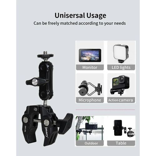 SR-56 Super Clamp Camera Bike Motorcycle Mount, Handlebar Tube Bar Holder Attach Clip 360 Magic Arm Extension Adapter Cycling Accessory for GoPro 12 11 10 9 8 Insta360 DJI Action SLR DSLR Phone -Black