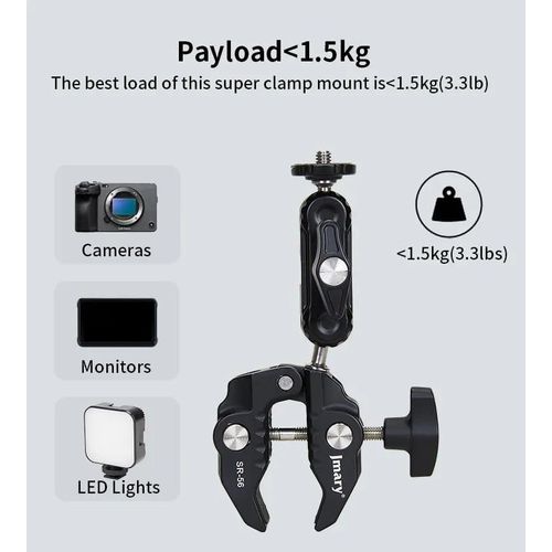 SR-56 Super Clamp Camera Bike Motorcycle Mount, Handlebar Tube Bar Holder Attach Clip 360 Magic Arm Extension Adapter Cycling Accessory for GoPro 12 11 10 9 8 Insta360 DJI Action SLR DSLR Phone -Black