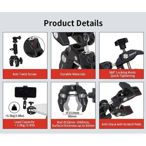 SR-56 Super Clamp Camera Bike Motorcycle Mount, Handlebar Tube Bar Holder Attach Clip 360 Magic Arm Extension Adapter Cycling Accessory for GoPro 12 11 10 9 8 Insta360 DJI Action SLR DSLR Phone -Black