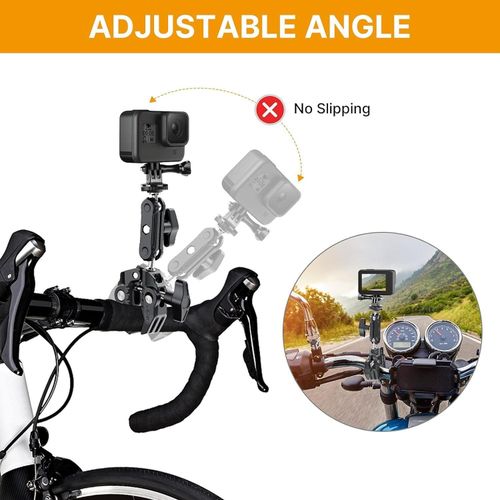 SR-56 Super Clamp Camera Bike Motorcycle Mount, Handlebar Tube Bar Holder Attach Clip 360 Magic Arm Extension Adapter Cycling Accessory for GoPro 12 11 10 9 8 Insta360 DJI Action SLR DSLR Phone -Black