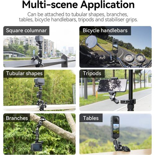SR-56 Super Clamp Camera Bike Motorcycle Mount, Handlebar Tube Bar Holder Attach Clip 360 Magic Arm Extension Adapter Cycling Accessory for GoPro 12 11 10 9 8 Insta360 DJI Action SLR DSLR Phone -Black