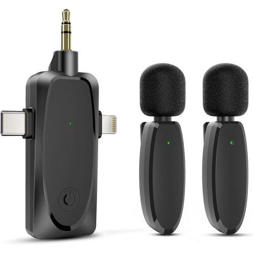 3 in 1 Mini Microphone Wireless Lavalier Microphones for iPhone, Android and Camera- 2.4G Cordless Double Mics with Noise Reduction-Professional Video Recording Lav Mic for Interview, Vlog-Black