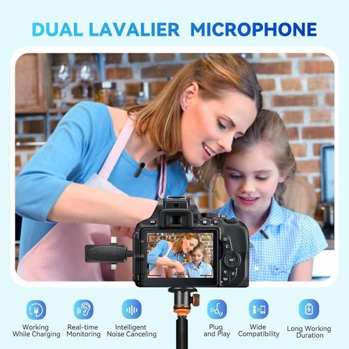 3 in 1 Mini Microphone Wireless Lavalier Microphones for iPhone, Android and Camera- 2.4G Cordless Double Mics with Noise Reduction-Professional Video Recording Lav Mic for Interview, Vlog-Black
