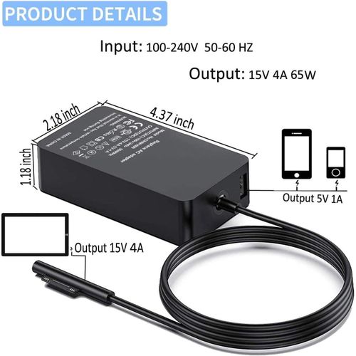 Microsoft Surface Charger, 44W AC Adapter Charger for Surface Pro 9/8 /7/6 /5/4 /3, Surface Laptop 3/2/ 1, Surface Book 3/2/ 1, Surface Go Power Supply 15V 2.58A with 5V 1A USB Charging Port