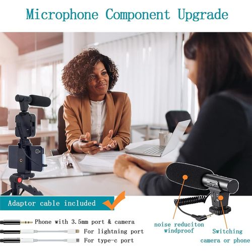 Vlogging Kit for iPhone, Android (with Tripod), with Mini LED Video Light + Cardioid Microphone + Phone Clip + Tripod for Video Calling, Vlogging, YouTube, Instagram, TikTok