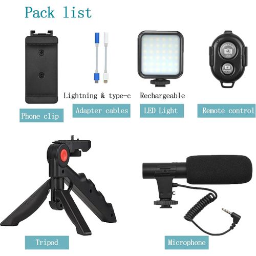 Vlogging Kit for iPhone, Android (with Tripod), with Mini LED Video Light + Cardioid Microphone + Phone Clip + Tripod for Video Calling, Vlogging, YouTube, Instagram, TikTok