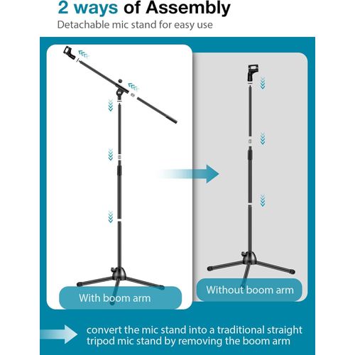 Microphone Stand, Boom Arm Mic Stand Floor Detachable Height Adjustable Heavy Duty with Mic Clip Holder Metal Base for Blue Yeti HyperX QuadCast Shure SM58 Samson Q2U Fifine K669B Microphones