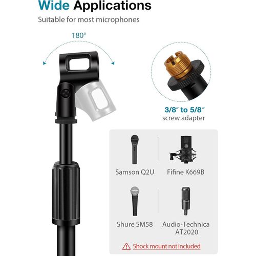 Microphone Stand, Boom Arm Mic Stand Floor Detachable Height Adjustable Heavy Duty with Mic Clip Holder Metal Base for Blue Yeti HyperX QuadCast Shure SM58 Samson Q2U Fifine K669B Microphones