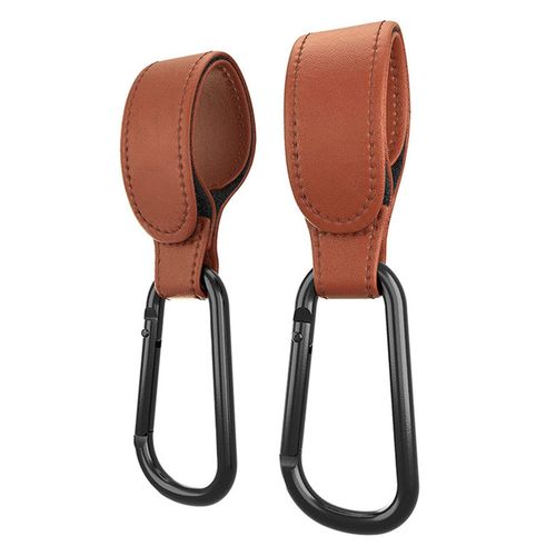 Baby Stroller Hooks Leather Style Straps Carabiner Clip Diaper Bag Hook up,Khaki,2 Pack NO5114