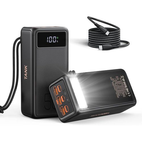 50000mAh 130W Laptop Power Bank with High-Speed Power Delivery Equipped with LED Light 5 Outputs USB-C Portable Charger Compatible with MacBook iPhone Samsung Tablet Switch Steam Deck- Black