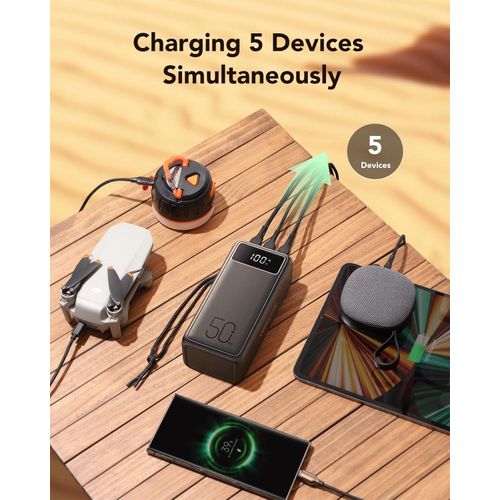 50000mAh 130W Laptop Power Bank with High-Speed Power Delivery Equipped with LED Light 5 Outputs USB-C Portable Charger Compatible with MacBook iPhone Samsung Tablet Switch Steam Deck- Black