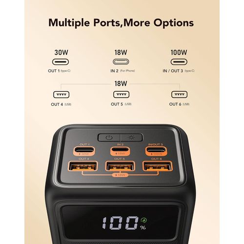 50000mAh 130W Laptop Power Bank with High-Speed Power Delivery Equipped with LED Light 5 Outputs USB-C Portable Charger Compatible with MacBook iPhone Samsung Tablet Switch Steam Deck- Black
