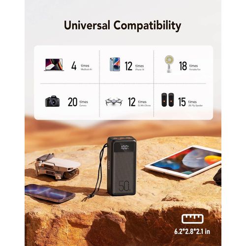 50000mAh 130W Laptop Power Bank with High-Speed Power Delivery Equipped with LED Light 5 Outputs USB-C Portable Charger Compatible with MacBook iPhone Samsung Tablet Switch Steam Deck- Black