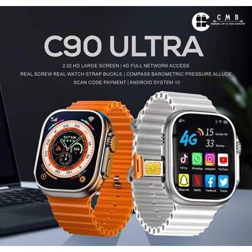 Smartbarry Premium C90 Ultra Smart Watch with 4G SIM Card, App Store Working, Google Maps, Facebook, YouTube, Android, Sports Features,Bluetooth Calling SIM Supported Extra Band- Multicolor