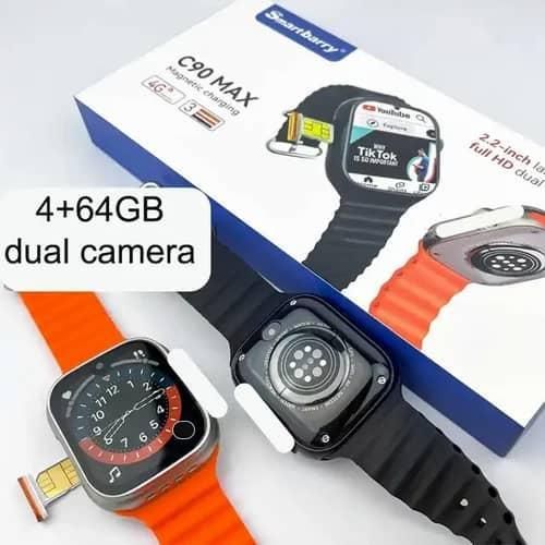 Smartbarry Premium C90 Ultra Smart Watch with 4G SIM Card, App Store Working, Google Maps, Facebook, YouTube, Android, Sports Features,Bluetooth Calling SIM Supported Extra Band- Multicolor