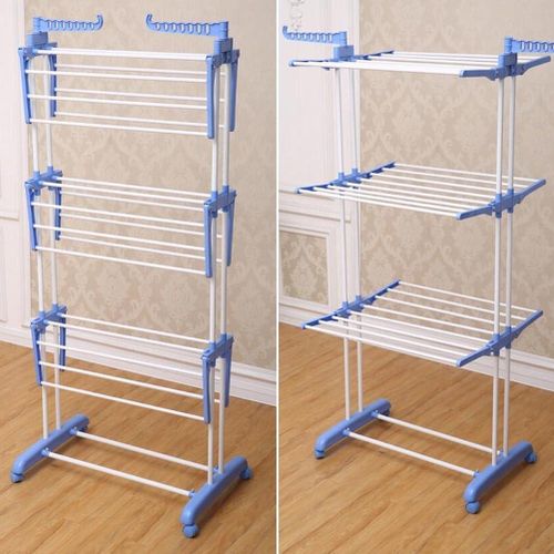 3-Tier Collapsible Rolling Dryer Clothes Hanger Adjustable Large Stainless Steel Garment Laundry Racks with Foldable Wings Blue