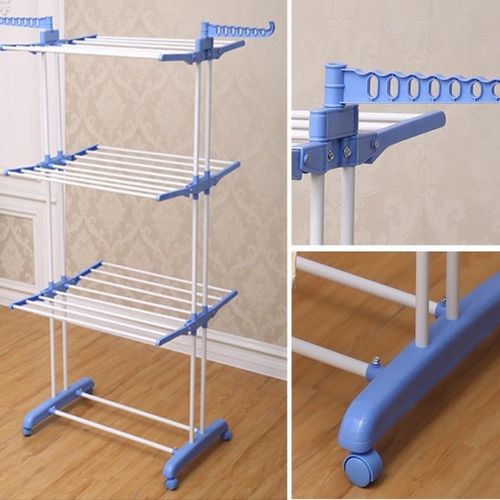 3-Tier Collapsible Rolling Dryer Clothes Hanger Adjustable Large Stainless Steel Garment Laundry Racks with Foldable Wings Blue