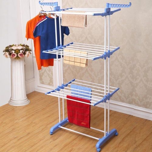 3-Tier Collapsible Rolling Dryer Clothes Hanger Adjustable Large Stainless Steel Garment Laundry Racks with Foldable Wings Blue