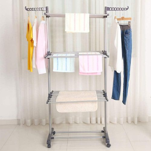 3-Tier Collapsible Rolling Dryer Clothes Hanger Adjustable Large Stainless Steel Garment Laundry Racks with Foldable Wings Blue