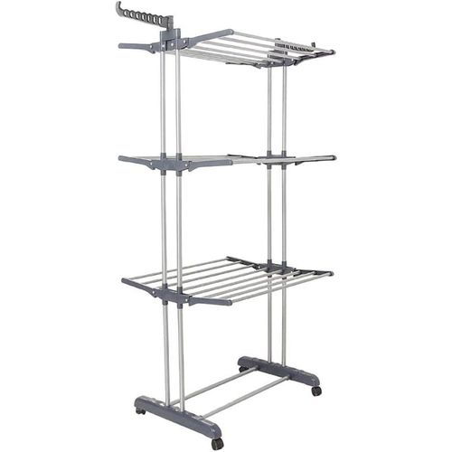 3-Tier Collapsible Rolling Dryer Clothes Hanger Adjustable Large Stainless Steel Garment Laundry Racks with Foldable Wings Blue