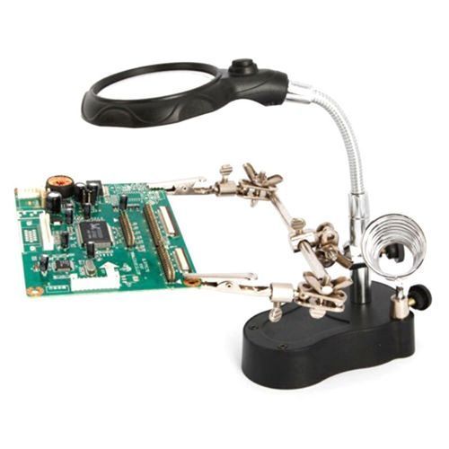 Stainless Steel Hand Soldering Iron Stand Clamp Clip Magnifying With LED Tool - Black
