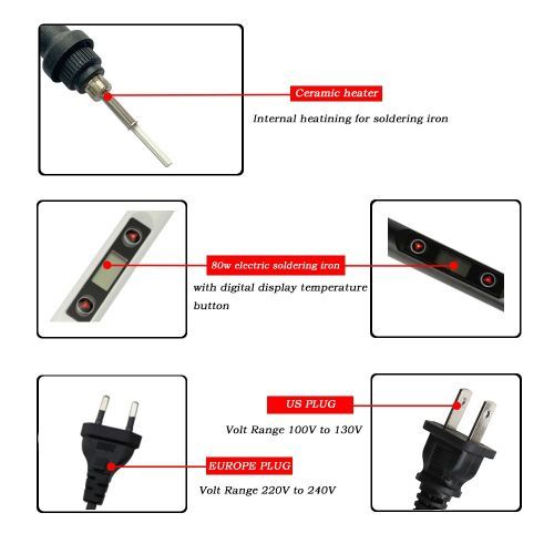 80W LCD Digital Display Temperature Adjustable 220V EU Electric Soldering Iron Set Soldering Repair Kit - Black